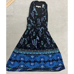 Evan-Picone Dress VTG Sz 6 Sleeveless Midi Black Blue Green Print V-neck